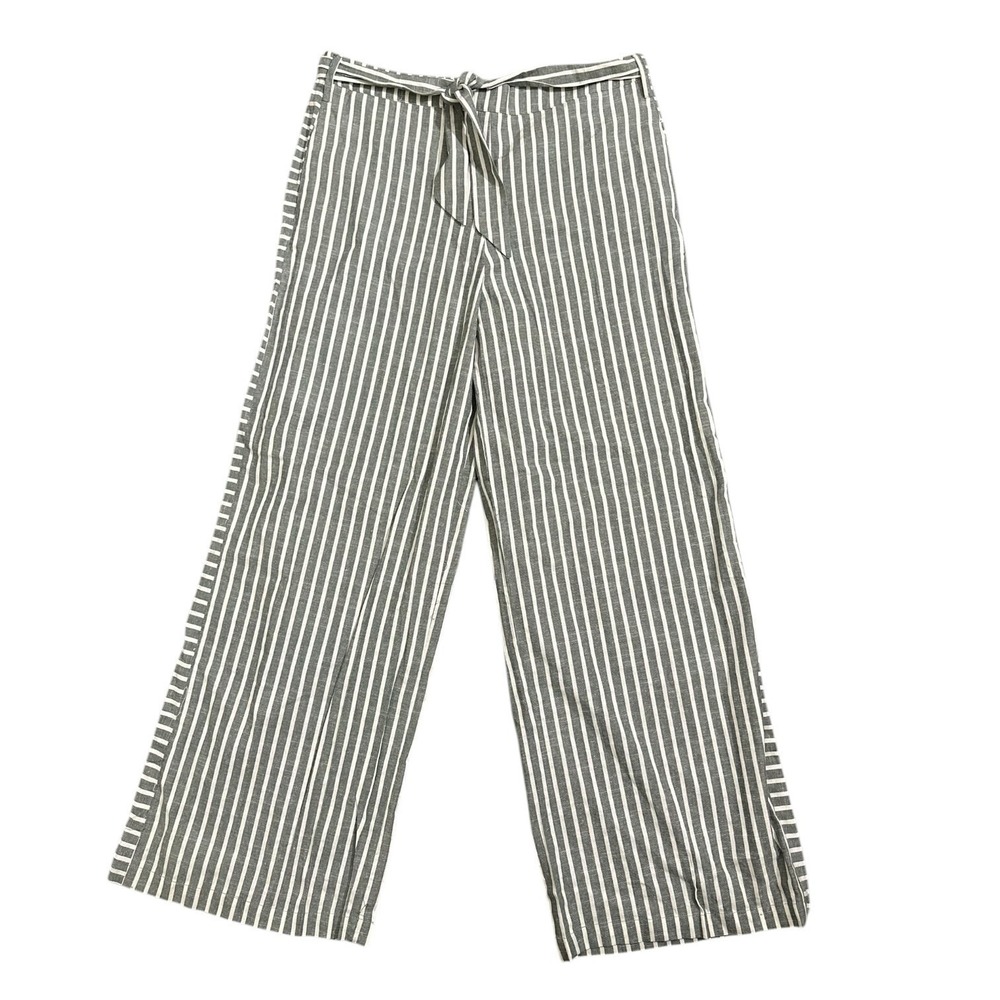 Suzanne Betro Linen Blend Wide Leg Tie Waist Pants Grey-Green Striped Relaxed 3X